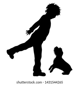 Vector Silhouette Of Boy Who Kick Dog. Animal Abuse Symbol.