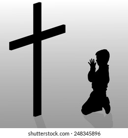 Vector silhouette of a boy who kneels in front of a cross.