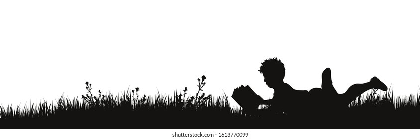 Vector silhouette of boy who read book on the garden on white background. Symbol of boy rest in the grass.