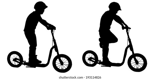 Vector silhouette of a boy who rides a scooter.