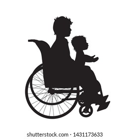 Vector silhouette of boy who sit on wheelchair together with his siblings on white background. Symbol of family, friends.