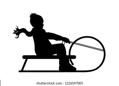 Vector silhouette of boy who sledding on snow toboggan.