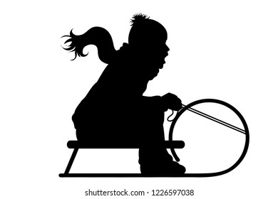 Vector Silhouette Of Boy Who Sledding On Snow Toboggan.