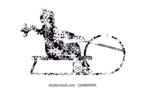 Vector silhouette of boy who sledding on snow toboggan.
