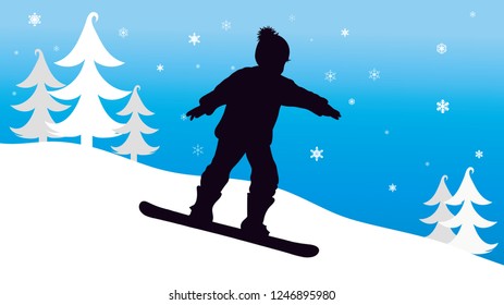 Vector silhouette of boy who snowboarding in the mountains in winter.