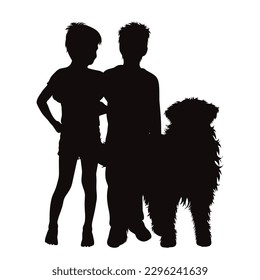 Vector silhouette of boys with their happy dog on white background. Symbol of childhood and pet.