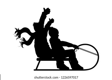 Vector silhouette of boys who sledding on snow toboggan.