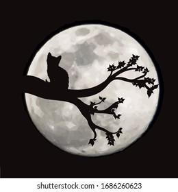 Silueta vectorial de rama con gato sobre fondo lunar. Símbolo de noche.