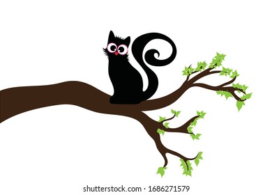 Vector silhouette of branch with cat on white background. Symbol of nature.