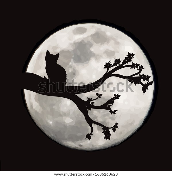 Vector silhouette of branch with cat on moon\
background. Symbol of\
night.