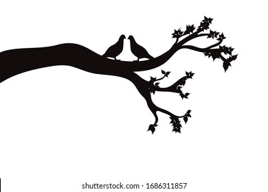 Vector silhouette of branch with couple of birds on white background. Symbol of nature.