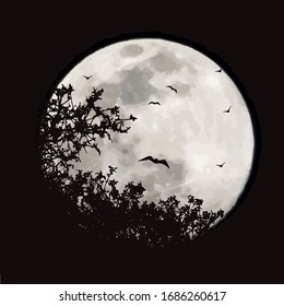 Vector silhouette of branch with flying bats on moon background. Symbol of night.
