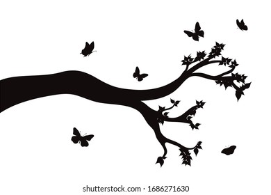 Vector silhouette of branch with flying butterflies on white background. Symbol of nature.