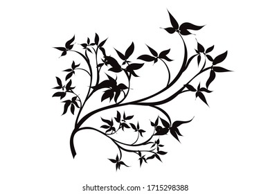 Vector silhouette of branch with leaves on white background. Symbol of nature.