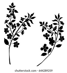 Vector silhouette of the branch tree with flowers, apple or cherry, black color, isolated on white background