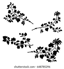 Vector silhouette of the branches of Apple trees with flowers, black color, isolated on white background