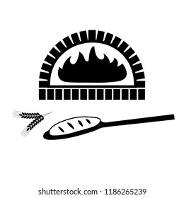 Vector silhouette of brick oven and baked bread on the shovel.