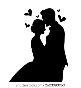 Vector silhouette of a bride and groom hugging each other during a wedding