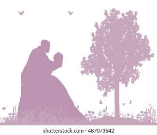 vector silhouette of bride and groom, wedding invitation