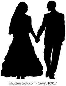 Vector silhouette of a bride and groom who holds a hands. The couple is looking at each other.