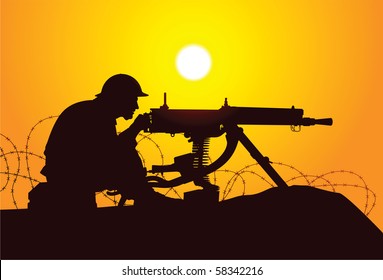 Vector Silhouette Of A British Soldier With A Machine Gun