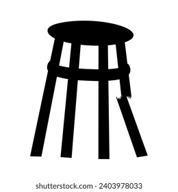 Vector silhouette of broken wooden chair on white background. The seat is broken and dangerous to use.