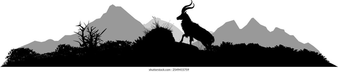 Vector silhouette - buck with horns in the mountains - landscape mountains