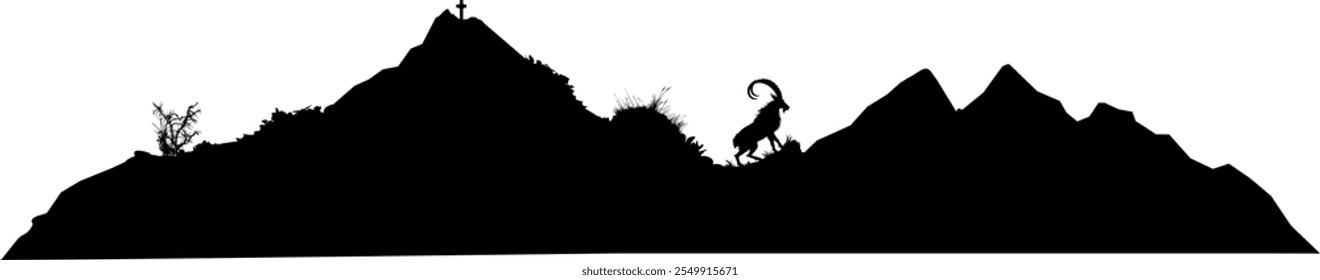 Vector silhouette - buck with horns in the mountains - landscape mountains - ibex