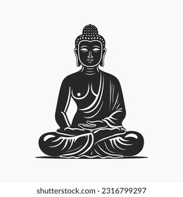 Vector silhouette of Buddha line drawing. Sketch of meditating buddah statue. Vector illustration isolated on white