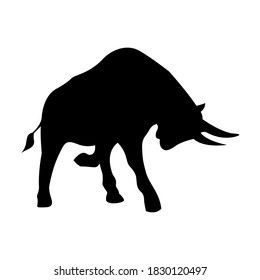 Vector silhouette of a bull, drawing of a horned animal. Livestock, Spanish bull in attack posture. The bull as a symbol of 2021. Bull logo.
