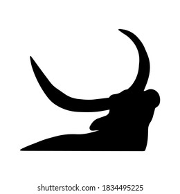 Vector silhouette of a bull, logo with a buffalo head. Head of a horned animal, sign of a calf. Vector bull head. Huge horns. bull look up.