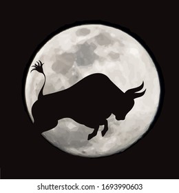 Vector silhouette of bull with moon background. Symbol of night.