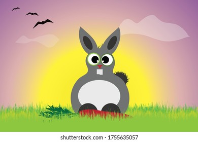 Vector silhouette of bunny sitting in the grass at sunset. Symbol of animal.