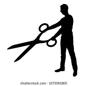 Vector silhouette of business man with scissors in hands. Business concept
