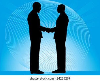 Vector Silhouette of a business man shaking hands with a stylized globe   in background
