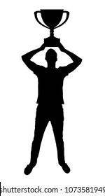 Vector silhouette of business man with trophy. Business concept of success