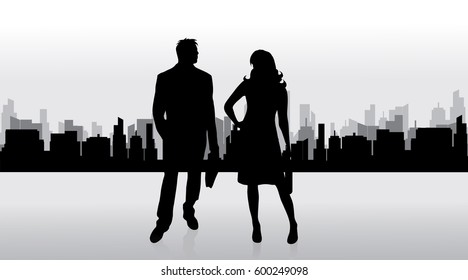 Vector silhouette of business people in a big town.