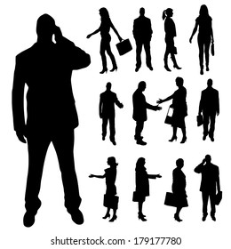 Vector silhouette of business people with a handbag on a white background.