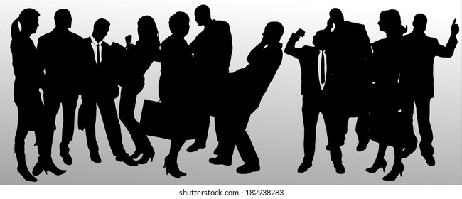 Vector silhouette of business people on a gray background.