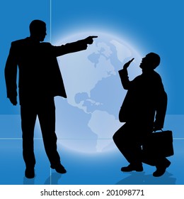 Vector silhouette business people on background of the planet Earth.