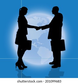Vector silhouette business people on background of the planet Earth.