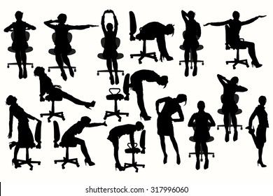 Vector silhouette of business woman doing exercise at the office.
