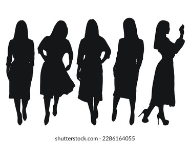 Vector silhouette of a business woman standing, fashion girl silhouette in a stylish dress. Business woman, entrepreneur, executive, fashionista