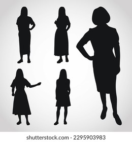 Vector silhouette of a business woman standing, fashion girl silhouette in a stylish dress. Business woman, entrepreneur, executive, fashionista
