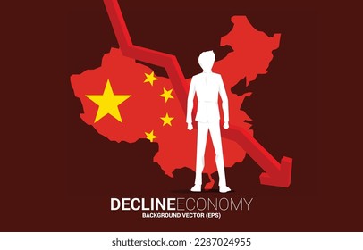 Vector Silhouette of businessman and Downturn graph with China flag in map. Concept of decline economy in China.