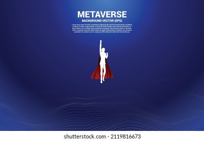 Vector Silhouette of businessman flying from Digital Contour curve dot and line and wave with wireframe . Concept for metaverse and VR technology .