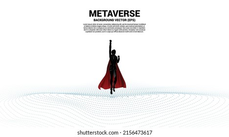 Vector Silhouette of businessman flying from Digital Contour curve dot and line and wave with wireframe . Concept for metaverse and VR technology .