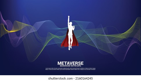 Vector Silhouette of businessman flying from Digital Contour curve dot and line and wave with wireframe . Concept for metaverse and VR technology .