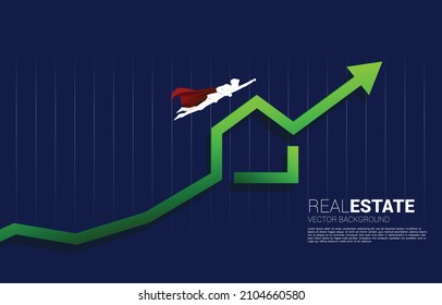 Vector Silhouette of businessman flying with green home icon with Growing graph. Concept of success investment and growth in real estate business