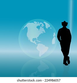 Vector silhouette of a businessman with a globe.